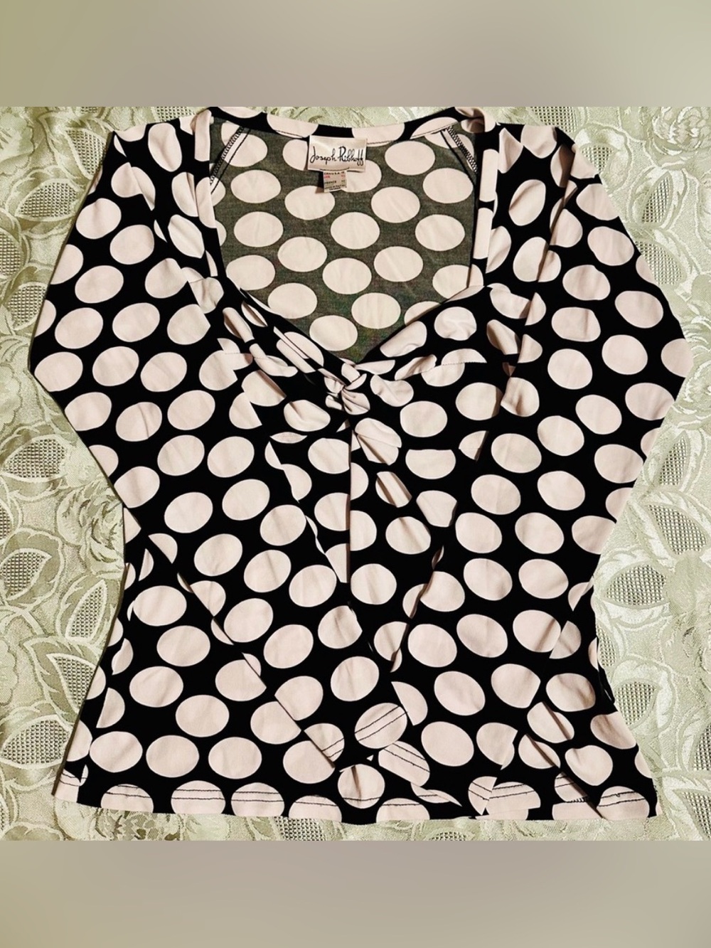 Joseph Ribkoff Black and White Knot-Front Polka Dot Long Sleeve Top
